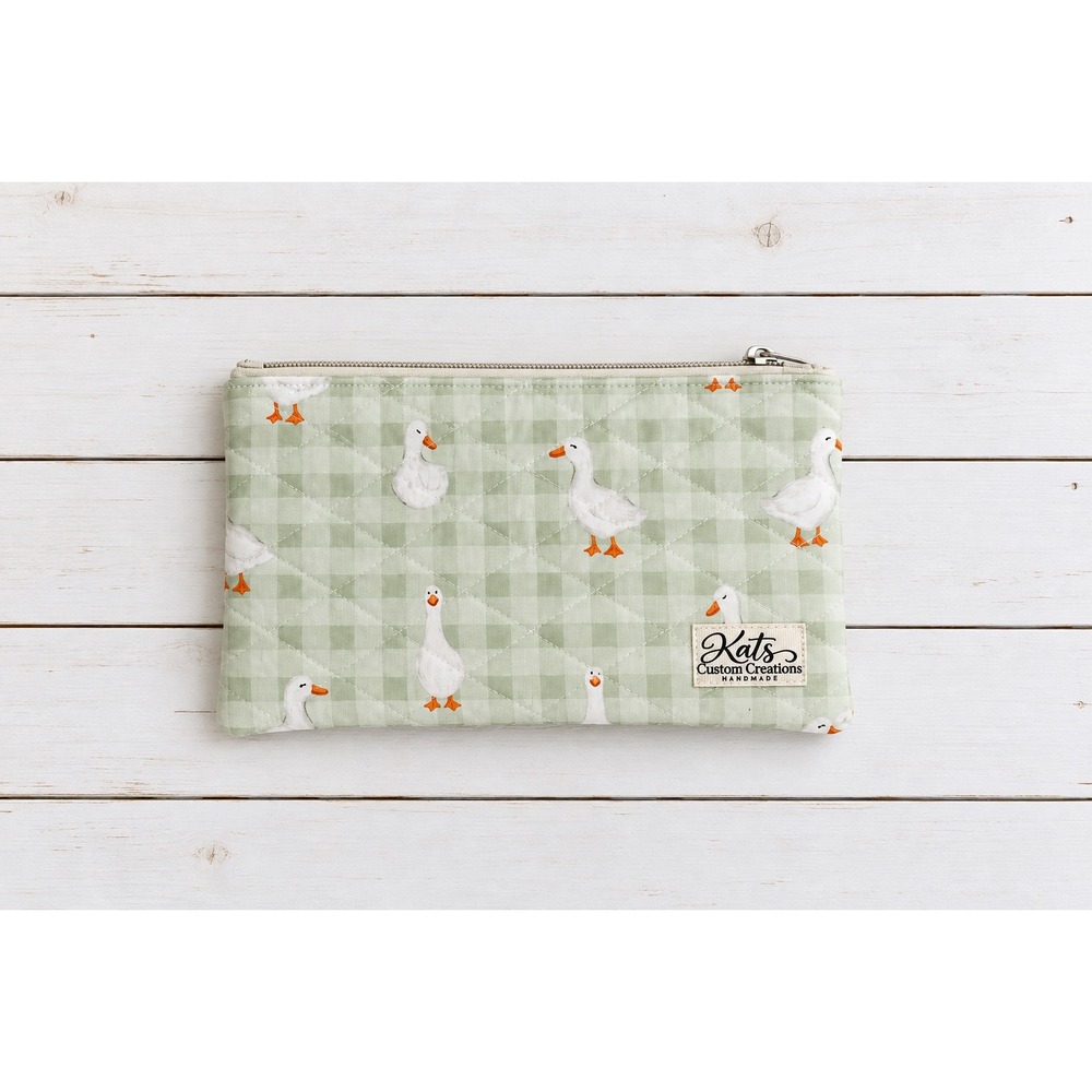 Handmade Quilted Duck Gingham Zipper Pouch Sage Green